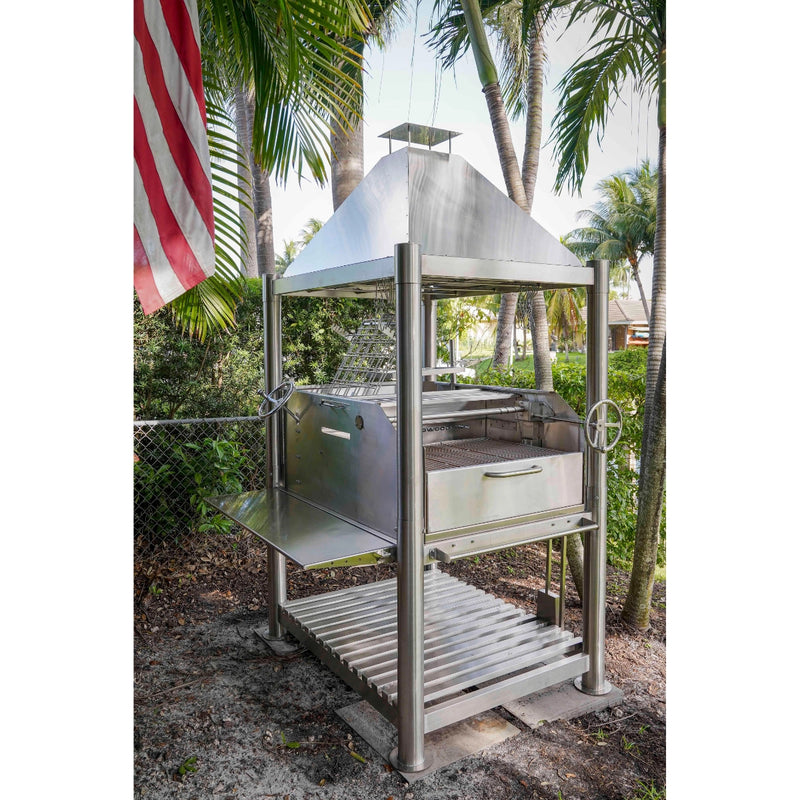 Tagwood BBQ Santa Maria Wood Fire & Charcoal Gaucho Grill BBQ12SS with 304 stainless steel, adjustable grates, and side shelves.