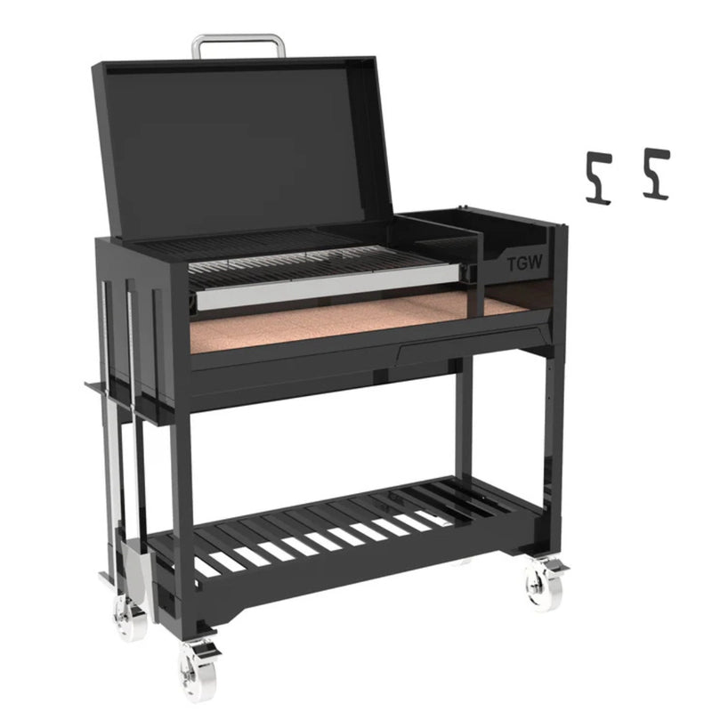 Tagwood BBQ Freestanding Argentine Wood Fire & Charcoal Gaucho Grill BBQ18SI in black steel with height-adjustable grates and peaked roof.