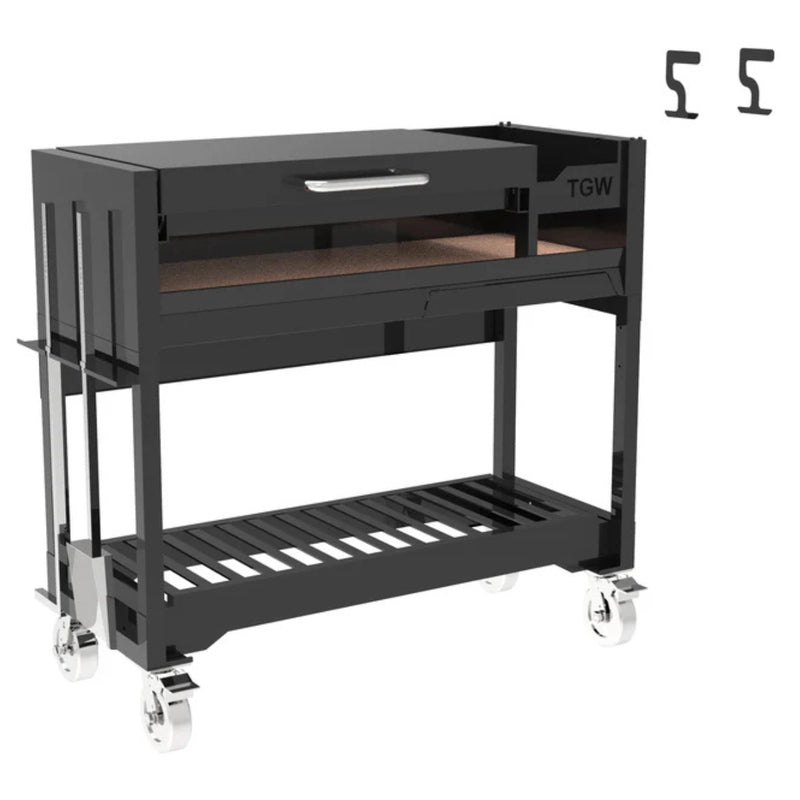 Tagwood BBQ Freestanding Argentine Wood Fire & Charcoal Gaucho Grill BBQ18SI in black steel with height-adjustable grates and caster wheels.