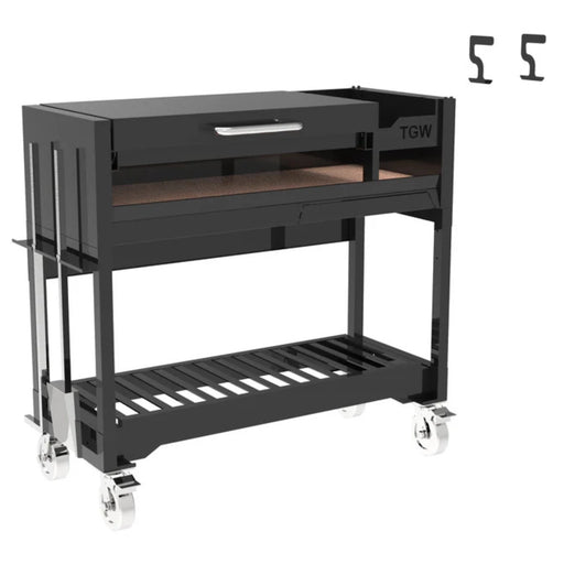 Tagwood BBQ Freestanding Argentine Wood Fire & Charcoal Gaucho Grill BBQ18SI in black steel with height-adjustable grates and caster wheels.