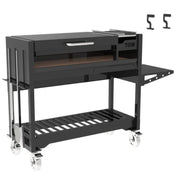 Tagwood BBQ Freestanding Argentine Wood Fire & Charcoal Gaucho Grill BBQ18SI with black steel, adjustable grates, side shelf, and caster wheels for mobility