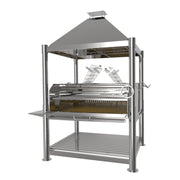Tagwood BBQ XL Argentine Santa Maria Wood Fire & Charcoal Gaucho Grill in stainless steel with adjustable grates and firebrick-lined interior.
