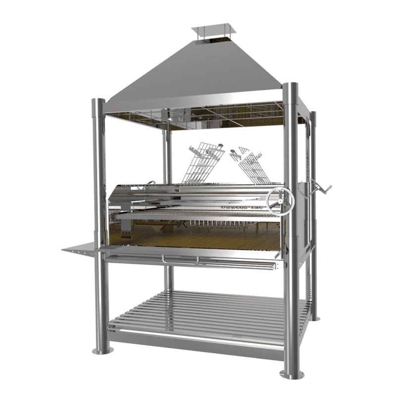 Tagwood BBQ XL Argentine Santa Maria Wood Fire & Charcoal Gaucho Grill in stainless steel with adjustable grates and firebrick-lined interior.