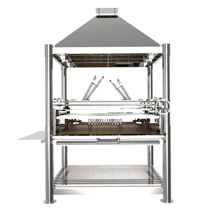 Tagwood BBQ XL Argentine Santa Maria grill with heavy-duty 304 stainless steel, height-adjustable grates, and gaucho-style brasero firebox.