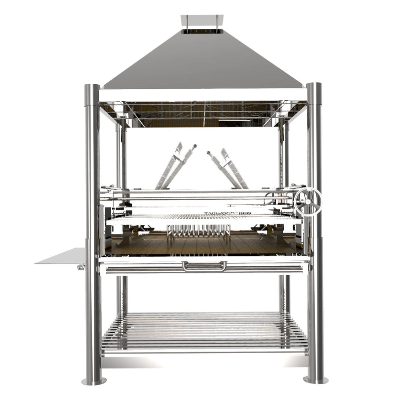 Tagwood BBQ XL Argentine Santa Maria wood fire grill in stainless steel with adjustable grates and gaucho brasero firebox.