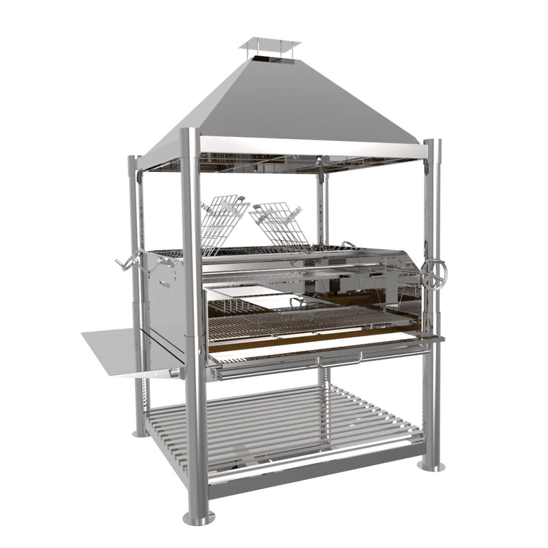 Tagwood BBQ XL Argentine Santa Maria stainless steel grill with height-adjustable grates and gaucho-style brasero firebox for large outdoor cooking.