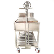 Tagwood BBQ XL Freestanding Argentine Santa Maria Grill in stainless steel with height-adjustable grates and wheeled base for large outdoor cooking.