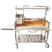 Tagwood BBQ XL Freestanding Argentine Santa Maria Grill with 304 stainless steel, height-adjustable grates, and a peaked roof on caster wheels.