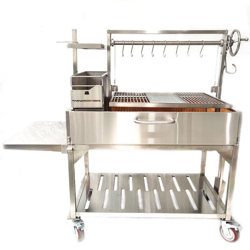 Tagwood BBQ XL Freestanding Argentine Santa Maria Grill with 304 stainless steel, height-adjustable grates, and gaucho-style brasero firebox.