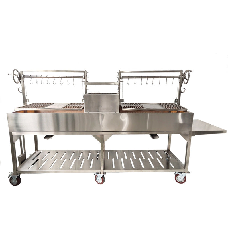 Tagwood BBQ XL Freestanding Argentine Santa Maria grill with stainless steel, double cooking space, height-adjustable grates, and side shelf.