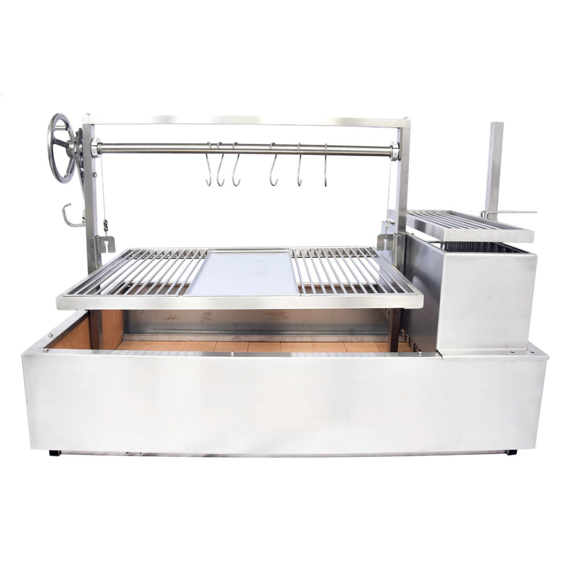 Tagwood BBQ XL Built-In Santa Maria Argentine grill in stainless steel with height-adjustable grates and gaucho-style brasero firebox