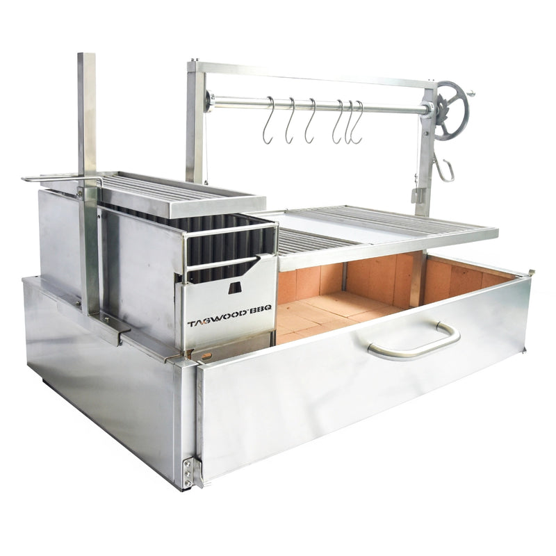 Tagwood BBQ XL Built-In Santa Maria Argentine Wood Fire & Charcoal Grill in stainless steel with height-adjustable grates and gaucho firebox.