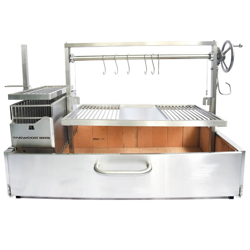 Tagwood BBQ XL Built-In Santa Maria Argentine grill with stainless steel, height-adjustable grates, and gaucho-style brasero firebox.