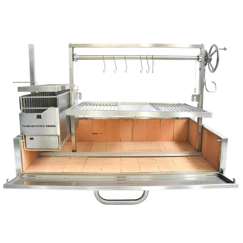 Tagwood BBQ XL Built-In Santa Maria Argentine wood fire grill with stainless steel, height-adjustable grates, and gaucho-style brasero firebox.