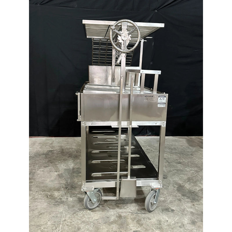 Tagwood BBQ XL Freestanding Argentine Santa Maria Wood Fire & Charcoal Grill in stainless steel with height-adjustable grates and peaked roof.