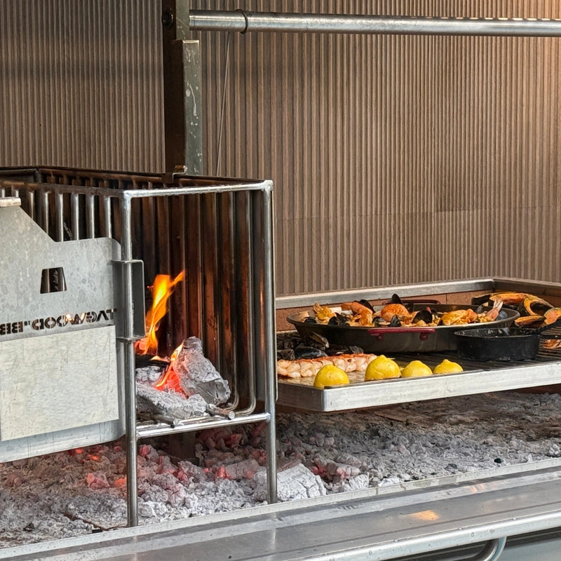 Tagwood BBQ XL Built-In Santa Maria Argentine Grill with stainless steel construction, gaucho-style firebox, and large cooking surface.