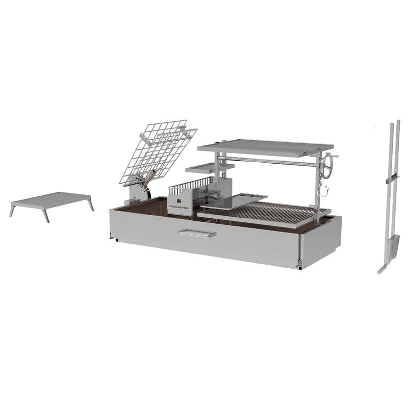 Tagwood BBQ XL Built-In Santa Maria Argentine wood fire and charcoal grill in stainless steel with adjustable grates and brasero firebox.