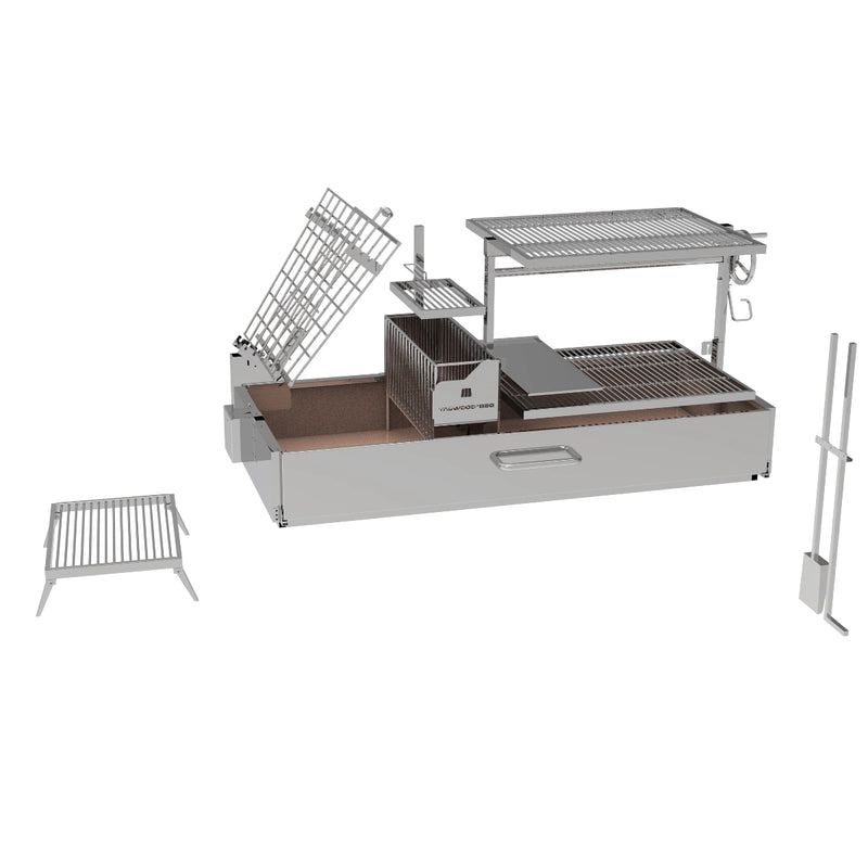 Tagwood BBQ XL Built-In Santa Maria Argentine Wood Fire & Charcoal Gaucho Grill with stainless steel and adjustable grilling grates