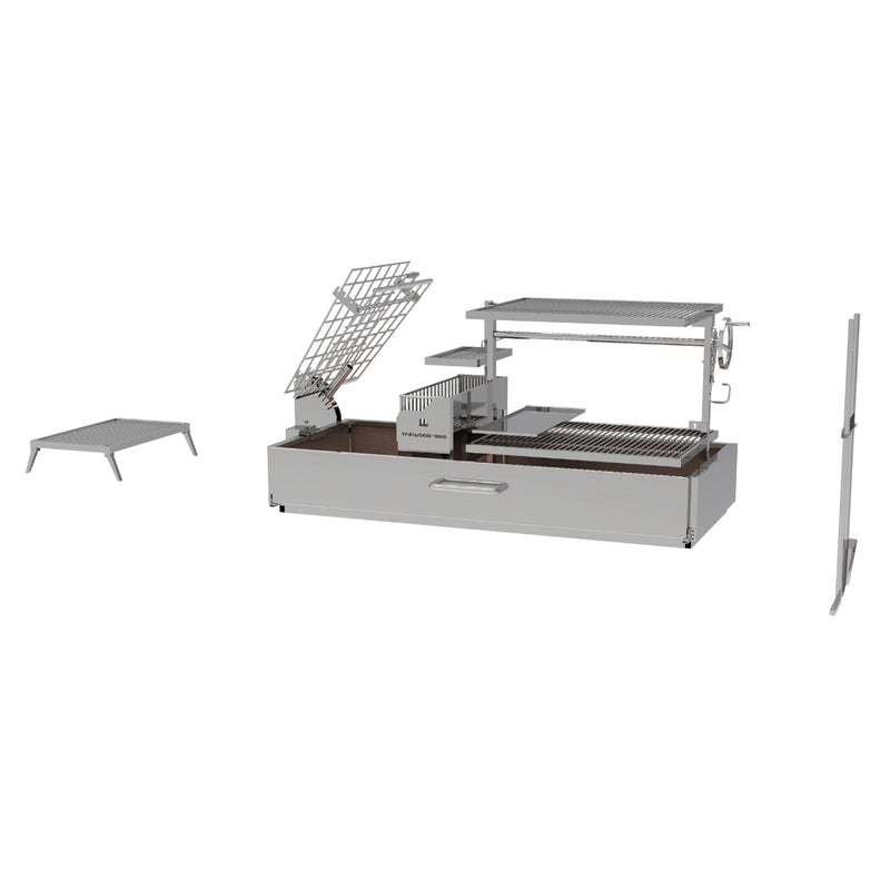 Tagwood BBQ XL Built-In Santa Maria Argentine Wood Fire & Charcoal Gaucho Grill with stainless steel, height-adjustable grates, and gaucho firebox.