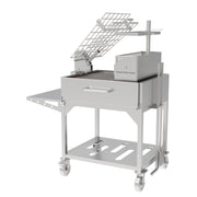 Tagwood BBQ Freestanding Argentine Charcoal Gaucho Grill BBQ33SS with 304 stainless steel, clamp grill, firebox, and wheels for portability.