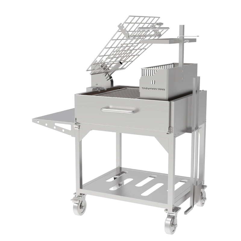 Tagwood BBQ Freestanding Argentine Charcoal Gaucho Grill BBQ33SS with 304 stainless steel, clamp grill, firebox, and wheels for portability.