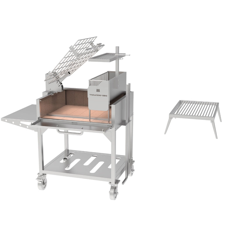 Tagwood BBQ Freestanding Argentine Charcoal Gaucho Grill BBQ33SS with stainless steel, clamp grill, firebox, and adjustable grates.