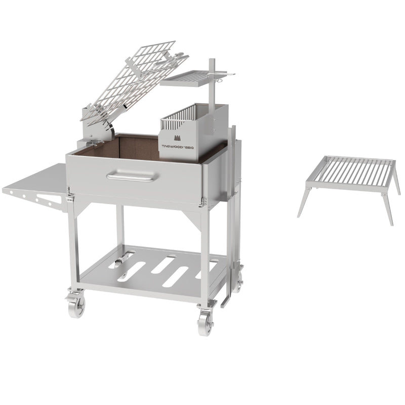 Tagwood BBQ Freestanding Argentine Charcoal Gaucho Grill BBQ33SS with 304 stainless steel, clamp grill, firebox, and side shelf.