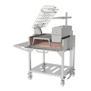 Tagwood BBQ Freestanding Argentine Charcoal Gaucho Grill BBQ33SS in stainless steel with clamp grill, firebox, and adjustable grates on wheels.