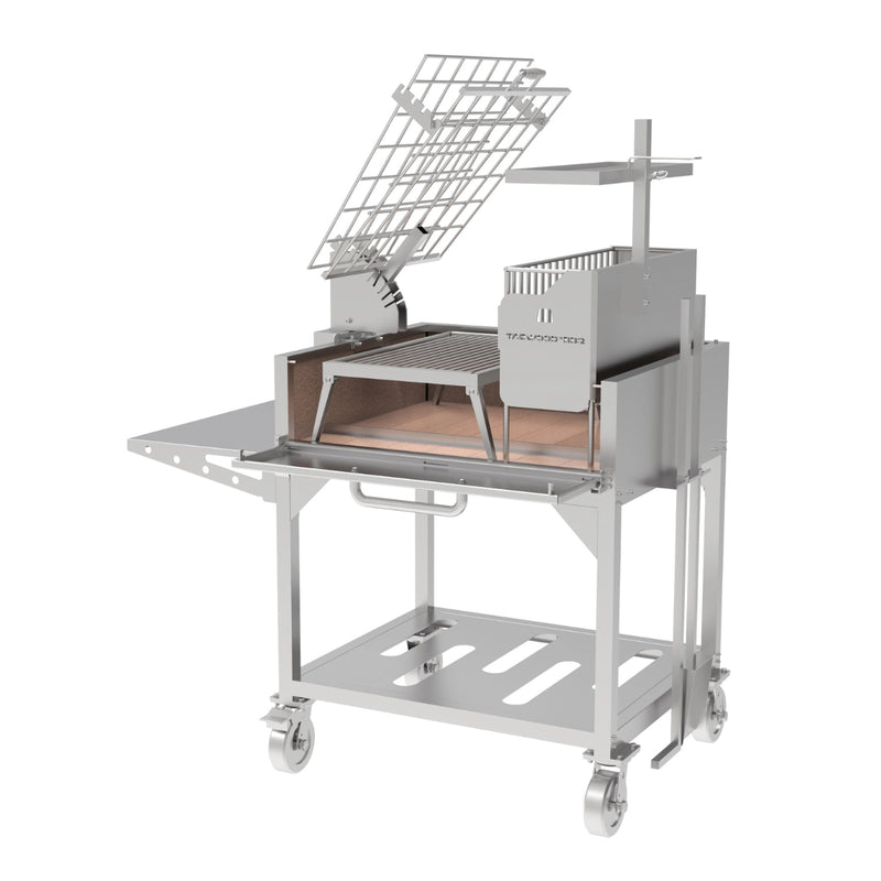 Tagwood BBQ Freestanding Argentine Charcoal Gaucho Grill BBQ33SS in stainless steel with clamp grill, firebox, and adjustable grates on wheels.