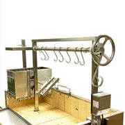 Tagwood BBQ Stainless Steel Rotisserie Kit BBQ50SS with hooks, crank handle, and heavy-duty stainless steel build for versatile outdoor cooking.