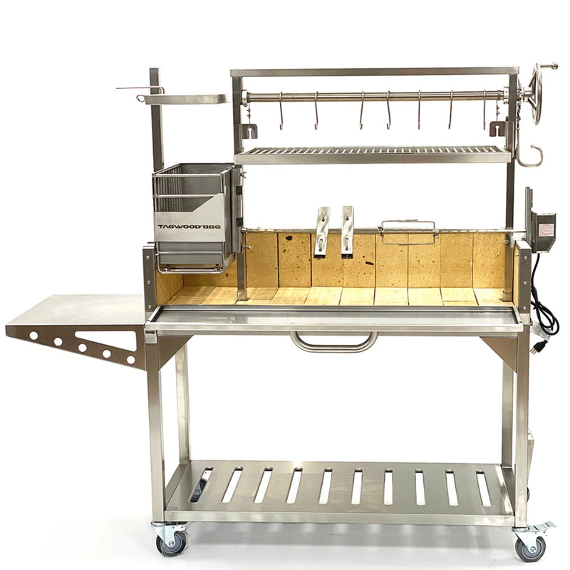Tagwood BBQ Stainless Steel Rotisserie Kit - BBQ50SS with 304 stainless steel, motor, forks, clamps for versatile outdoor cooking.
