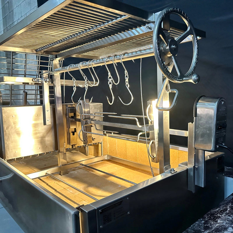 Tagwood BBQ Stainless Steel Rotisserie Kit BBQ50SS PRO with 304 stainless steel, large hand crank, multi-hook design for slow-roasting.