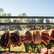 Tagwood BBQ S shape meat hooks set of 7 made of premium 304 stainless steel for hanging meats during grilling.