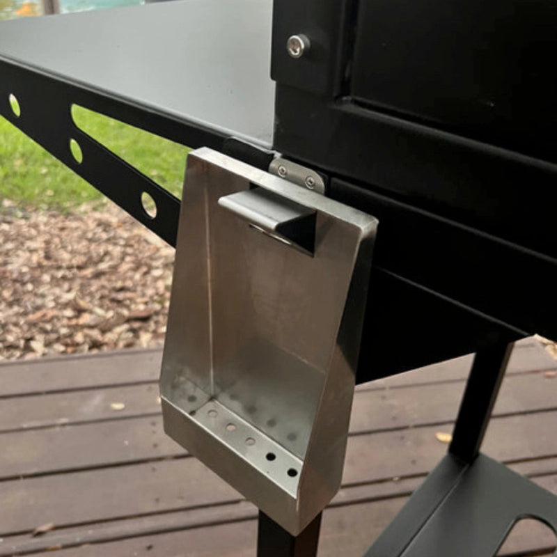 Tagwood BBQ Cap Catcher - BBQ70SS stainless steel bottle cap collector attached to grill side panel for clean BBQ areas