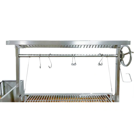 Tagwood BBQ Round Warming Roof Grill BBQ98SS in stainless steel with hooks and crank handle for BBQ09SS grill extension.
