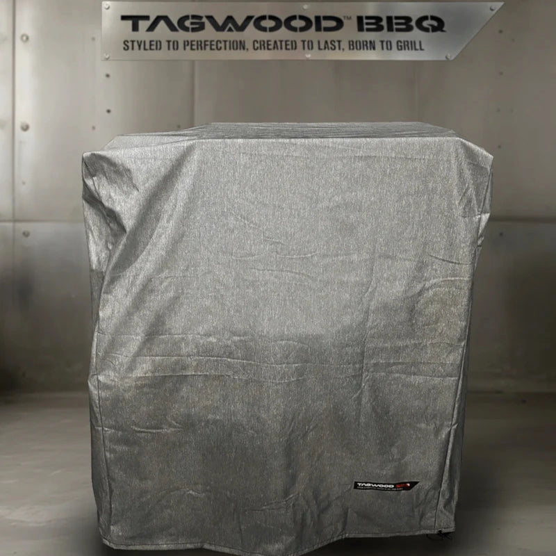 Tagwood BBQ BBQ03SS/SI Cover in gray vinyl with velvet liner, water-repellent, UV-resistant, vent windows, and drawstring bottom.
