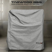 Tagwood BBQ BBQ03SS/SI Cover in gray vinyl with velvet liner, water-repellent, UV-resistant, double-stitched with vent windows and drawstring.