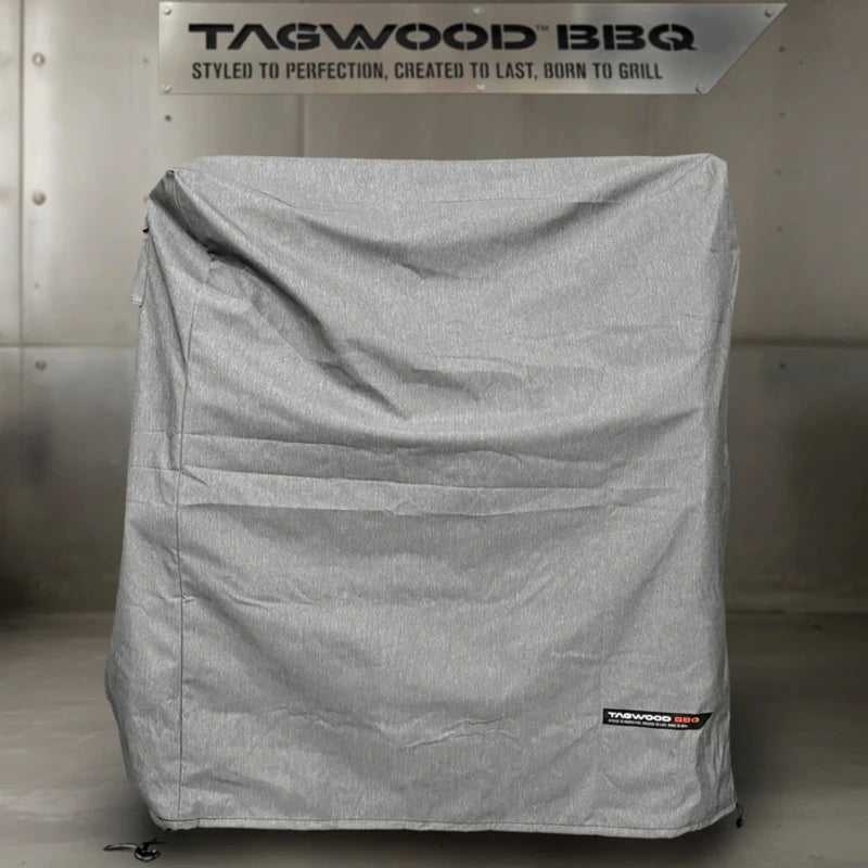 Tagwood BBQ BBQ03SS/SI Cover in gray vinyl with velvet liner, water-repellent, UV-resistant, double-stitched with vent windows and drawstring.