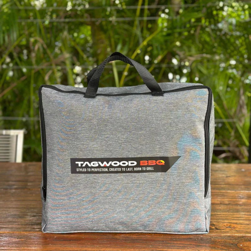 Tagwood BBQ BBQ05SS Cover - COVE05 gray grill cover with velvet liner, water-resistant fabric, vent windows, and secure straps in carrying bag.