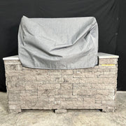 Tagwood BBQ BBQ25SS and BBQ09SS Cover COVE25 in grey vinyl with velvet liner, vent windows, and adjustable drawstring fitting over a built-in grill.