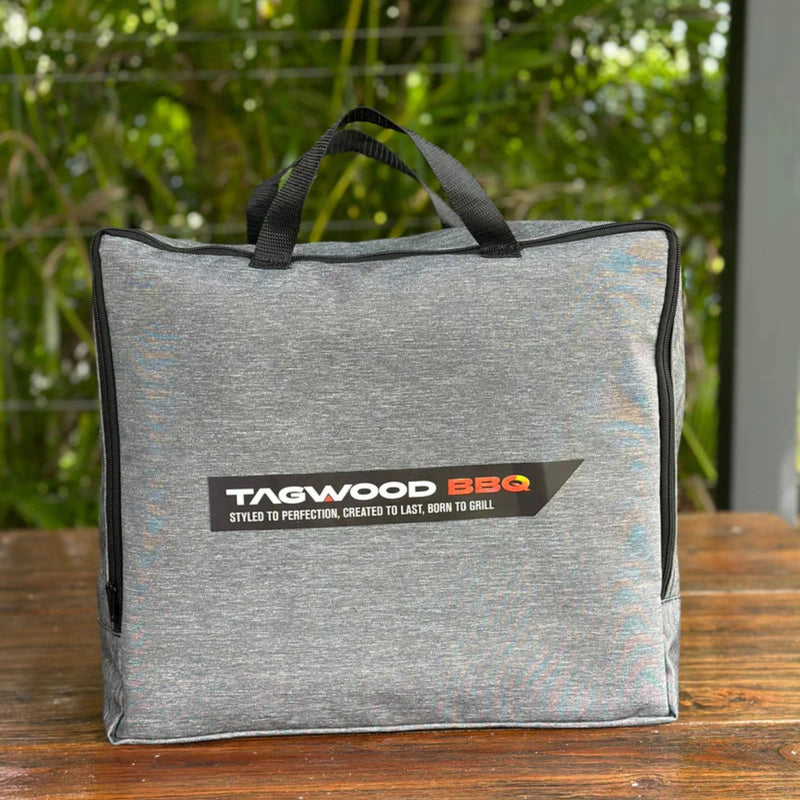 Tagwood BBQ BBQ25SS and BBQ09SS Cover COVE25 in grey vinyl with storage bag and handles for protective grill coverage.