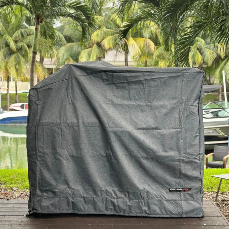 Tagwood BBQ BBQ26SS Cover COVE26 in grey vinyl with PRO Series UV protection, vent windows, and adjustable drawstring fit outdoors.