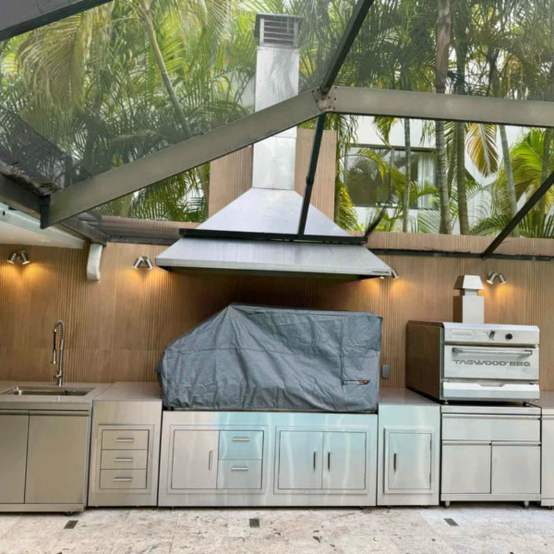 Tagwood BBQ BBQ28SS Cover - COVE28 gray vinyl grill cover with vent windows, drawstring fit, velvet liner, and waterproof protection.