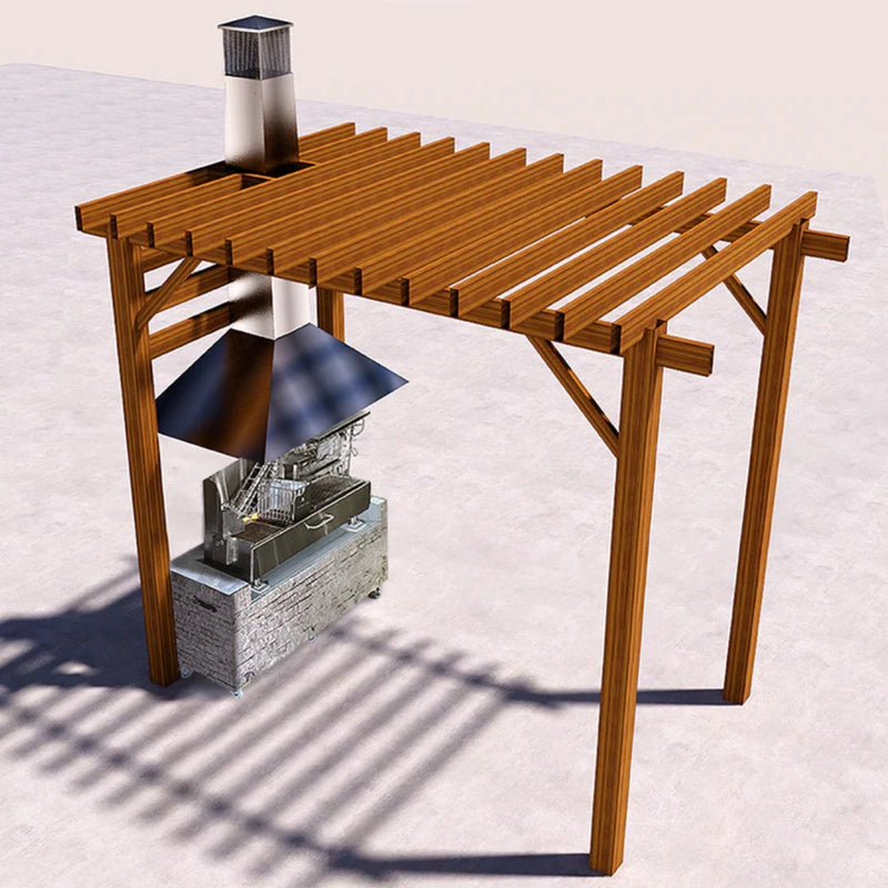 Tagwood BBQ Smoke Hood for BBQ25SS Grills made of 304 stainless steel with wall-mounted canopy and chimney vent under wooden pergola.
