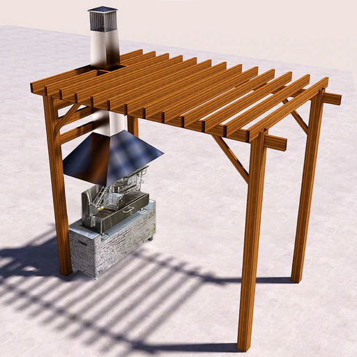 Tagwood BBQ Smoke Hood for BBQ25SS Grills made of 304 stainless steel with wall-mounted canopy and chimney vent under wooden pergola.