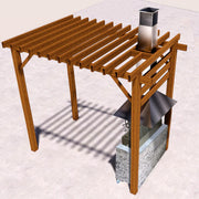 Tagwood BBQ Smoke Hood for BBQ28SS Grills with stainless steel hood, wall-mounted design, and chimney under wooden pergola structure.