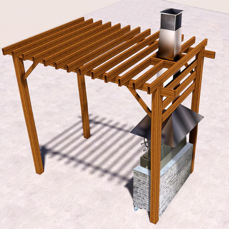 Tagwood BBQ Smoke Hood for BBQ28SS Grills with stainless steel hood, wall-mounted design, and chimney under wooden pergola structure.