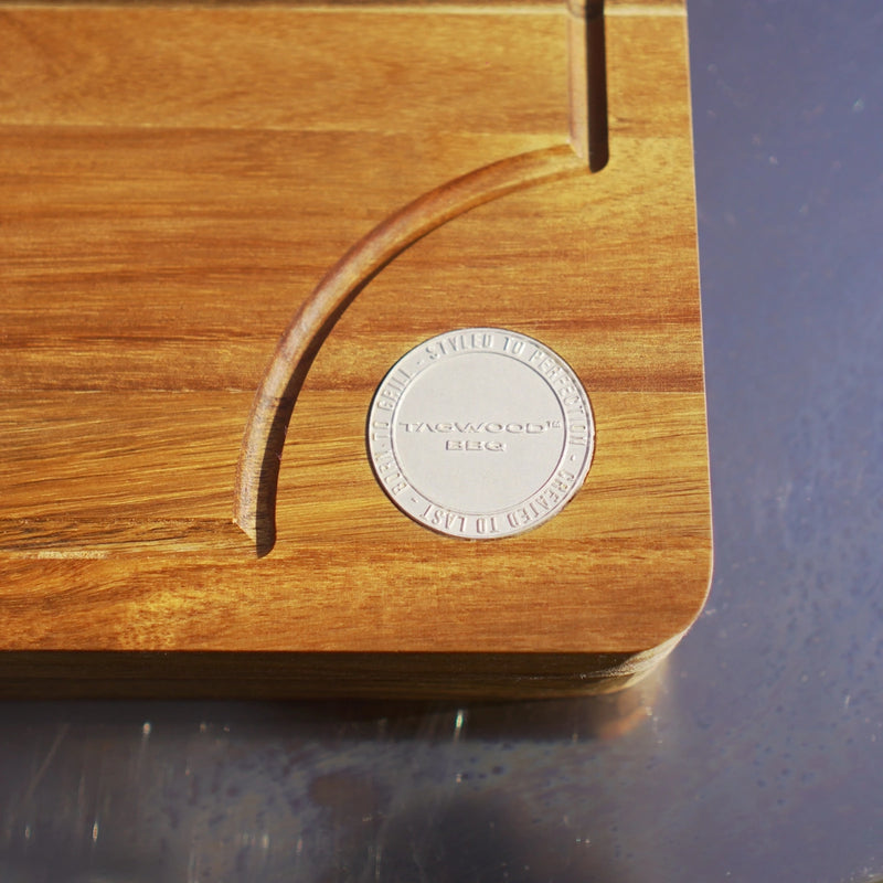 Tagwood BBQ Edge-Grain Cutting & Carving Board TAWO04 in acacia wood with juice groove and hand grips, 24" x 16" size.