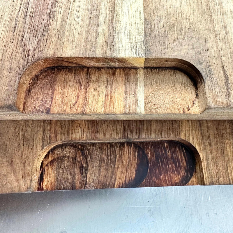 Tagwood BBQ Edge-Grain Cutting & Carving Board TAWO05 with ergonomic carved hand grips in natural Acacia wood grain.