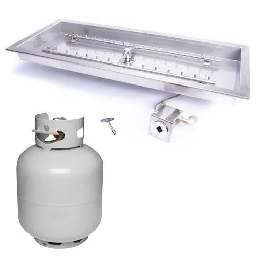 HPC Fire Inspired Rectangle H-Burner Inserts Liquid Propane with stainless steel rectangular burner and propane tank for even flame distribution.